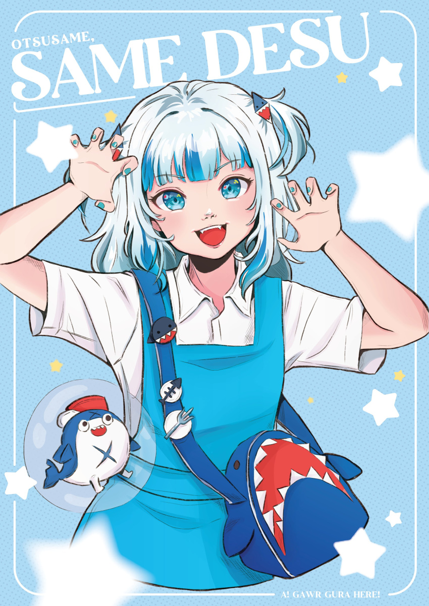 1girl, absurdres, aqil_ng, bag, bloop_(gawr_gura), blue_eyes, blue_hair, blunt_bangs, dress, gawr_gura, hands_up, highres, hololive, hololive_english, long_hair, looking_at_viewer, malaysian_secondary_school_uniform, multicolored_hair, open_mouth, pinafore_dress, school_uniform, shark_girl, sharp_teeth, sleeveless, sleeveless_dress, solo, streaked_hair, teeth, white_hair