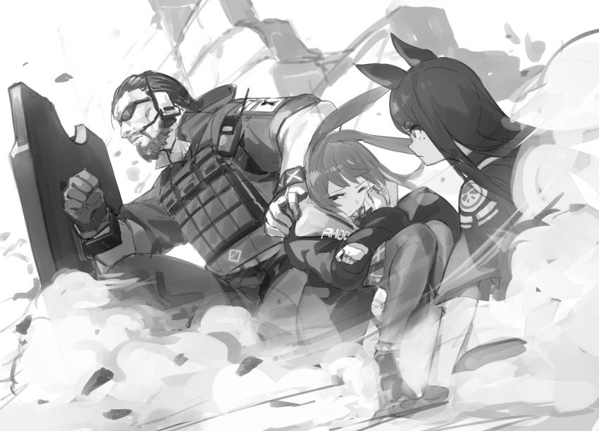 1boy, 2girls, ace_(arknights), amiya_(arknights), animal_ears, arknights, ballistic_shield, beard, bulletproof_vest, closed_mouth, debris, dobermann_(arknights), facial_hair, gloves, greyscale, hand_on_own_shoulder, headset, highres, infection_monitor_(arknights), jacket, jewelry, long_hair, looking_ahead, looking_at_another, microphone, mole, mole_under_eye, monochrome, multiple_girls, multiple_rings, mustache, nos_(nos_tsn), pantyhose, profile, ring, shield, short_hair, short_sleeves, smoke, sunglasses, very_short_hair, walkie-talkie