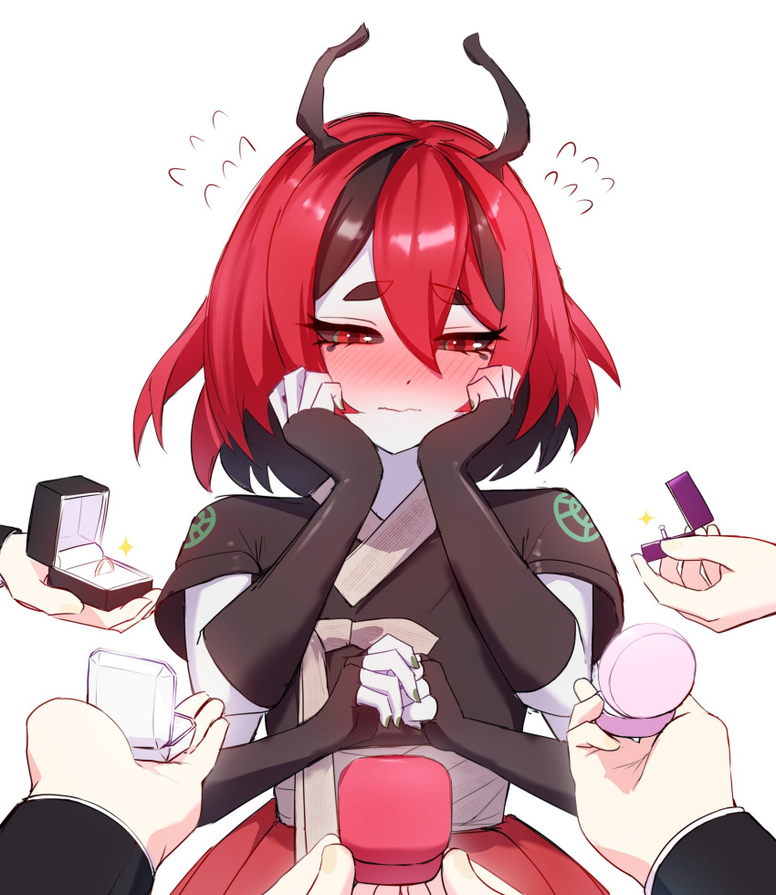 1girl, antennae, arthropod_girl, beri_(beribug), black_hair, black_sclera, black_shirt, blush