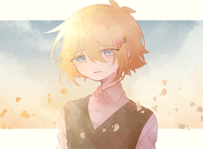 1boy, antenna_hair, basil_(faraway)_(omori), basil_(omori), blonde_hair, blue_eyes, collared_shirt, double-parted_bangs