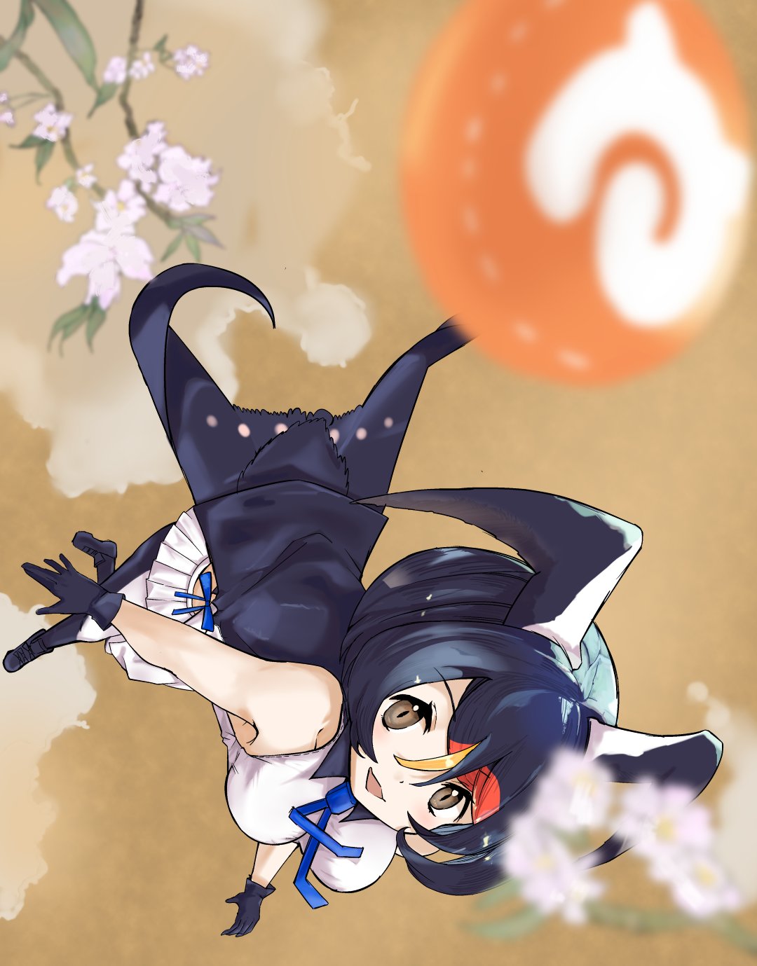 1girl, bare_shoulders, barn_swallow_(kemono_friends), bird_girl, bird_tail, bird_wings, black_gloves, black_hair
