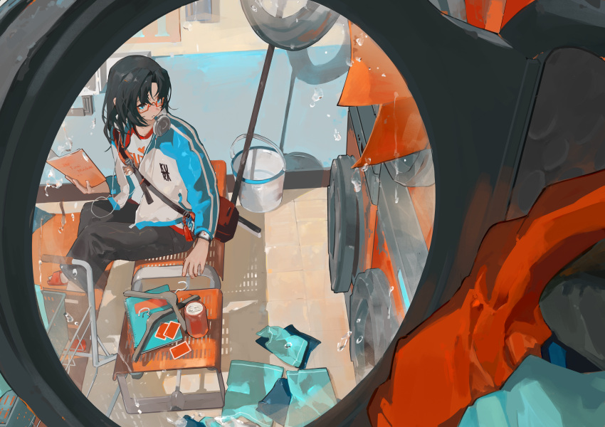 1girl, absurdres, bag, black_hair, black_pants, blue_eyes, book, bucket