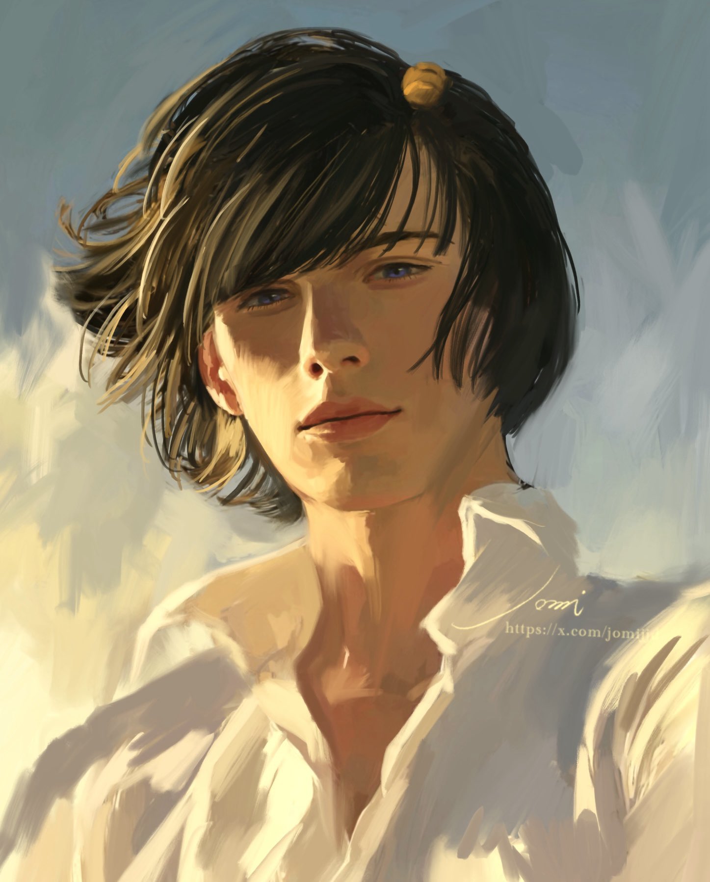 1boy, alternate_costume, bishounen, black_hair, blue_eyes, bob_cut, bruno_bucciarati, collared_shirt, commentary, hair_ornament, hairclip, highres, jojo_no_kimyou_na_bouken, jomijjd, lips, male_focus, shirt, short_hair, solo, vento_aureo, white_shirt
