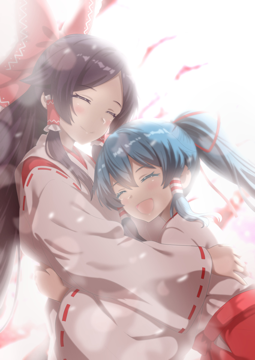 2girls, absurdres, blue_hair, blush, bow, chihaya_(clothing), closed_eyes, closed_mouth, commentary_request, frilled_bow, frilled_hair_tubes, frills, gensokyo's_first_hakurei_miko, hair_bow, hair_tubes, hakama, highres, hug, japanese_clothes, long_hair, long_sleeves, lunalunachild, miko, miyadeguchi_mizuchi, miyadeguchi_mizuchi_(human), multiple_girls, open_mouth, ponytail, red_bow, red_hakama, ribbon-trimmed_sleeves, ribbon_trim, smile, touhou, very_long_hair, wide_sleeves, yuri
