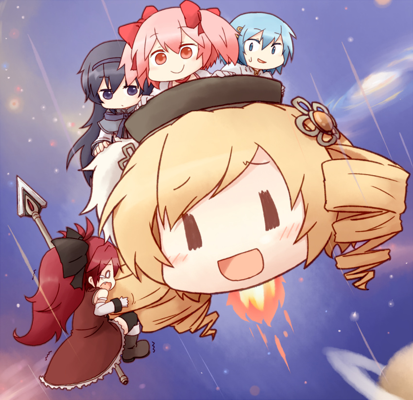 akemi_homura, black_hair, blonde_hair, blue_eyes, blue_hair, boots, bow, chibi