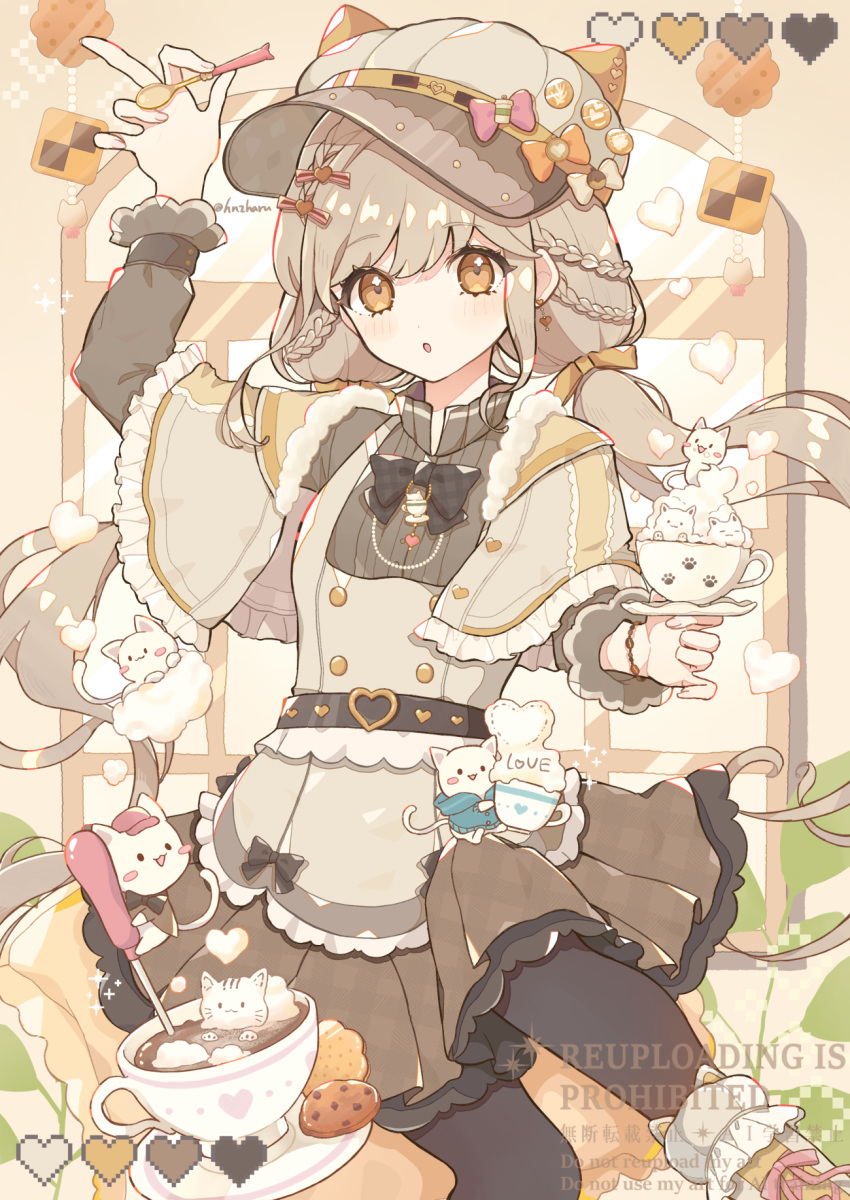 1girl, :o, belt, black_bow, bow, bowtie, braid, brown_dress, brown_eyes, buttons, capelet, cat, checkerboard_cookie, cookie, cup, dress, food, frilled_capelet, frills, hanezu_haru, haru_(haruxxe), hat, heart, highres, holding, holding_cup, jewelry, long_hair, long_sleeves, looking_at_viewer, low_twintails, open_mouth, original, pantyhose, ribbon, solo, teacup, twintails