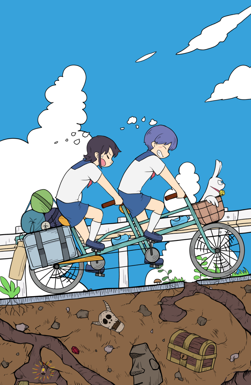 2girls, =_=, amakazari_eri, animal, ascot, bicycle, bicycle_basket, black_hair