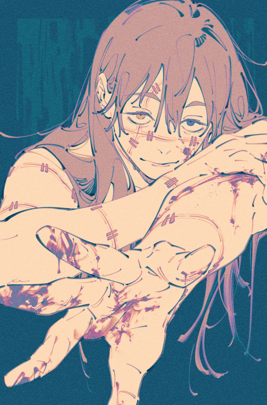 1boy, androgynous, blood, blood_on_body, blood_on_hands, blue_background, blue_eyes, commentary, cursed_spirit_(jujutsu_kaisen), double-parted_bangs, film_grain, grey_hair, hair_between_eyes, hand_on_own_arm, heterochromia, highres, jujutsu_kaisen, long_hair, mahito_(jujutsu_kaisen), male_focus, mim_(mimya0600), outstretched_arm, sanpaku, simple_background, solo, stitched_arm, stitched_face, stitched_wrist, stitches, yellow_eyes