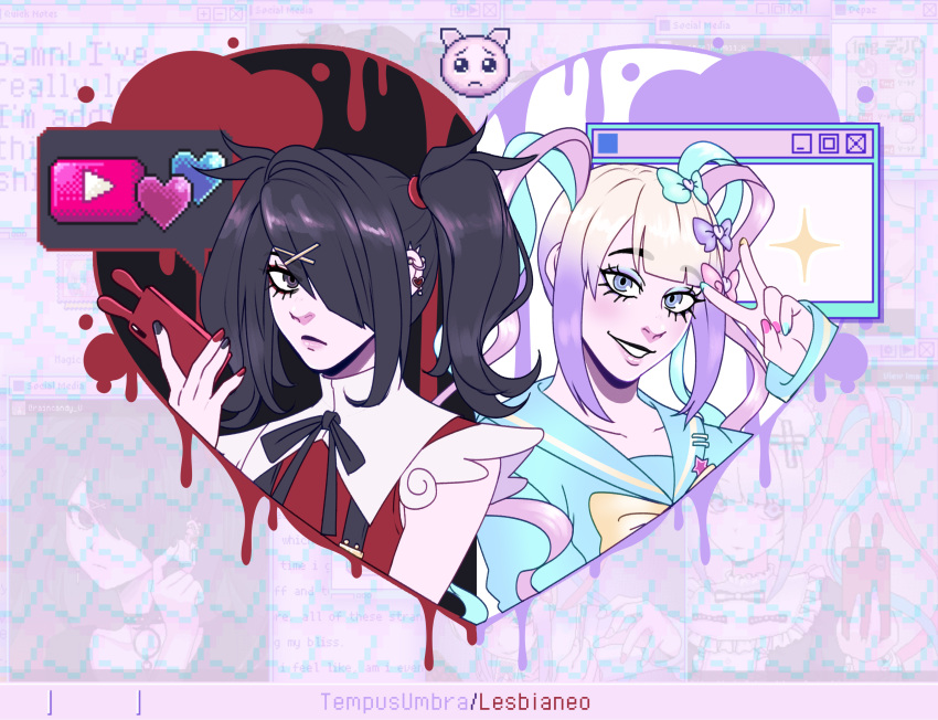 2girls, :/, :d, absurdres, ame-chan_(needy_girl_overdose), black_hair, bleeding, blonde_hair