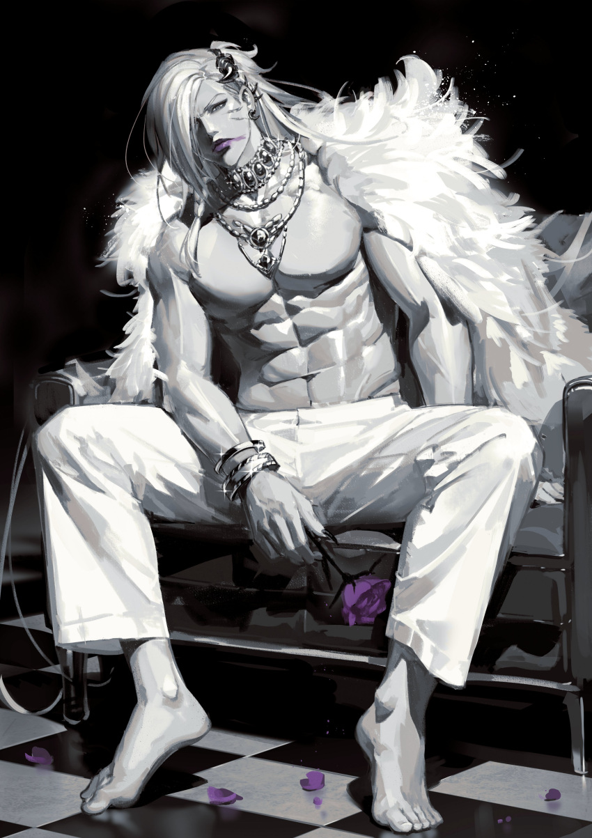 1boy, abs, absurdres, barefoot, beelzebub_(granblue_fantasy), bracelet, ear_piercing, feather_coat