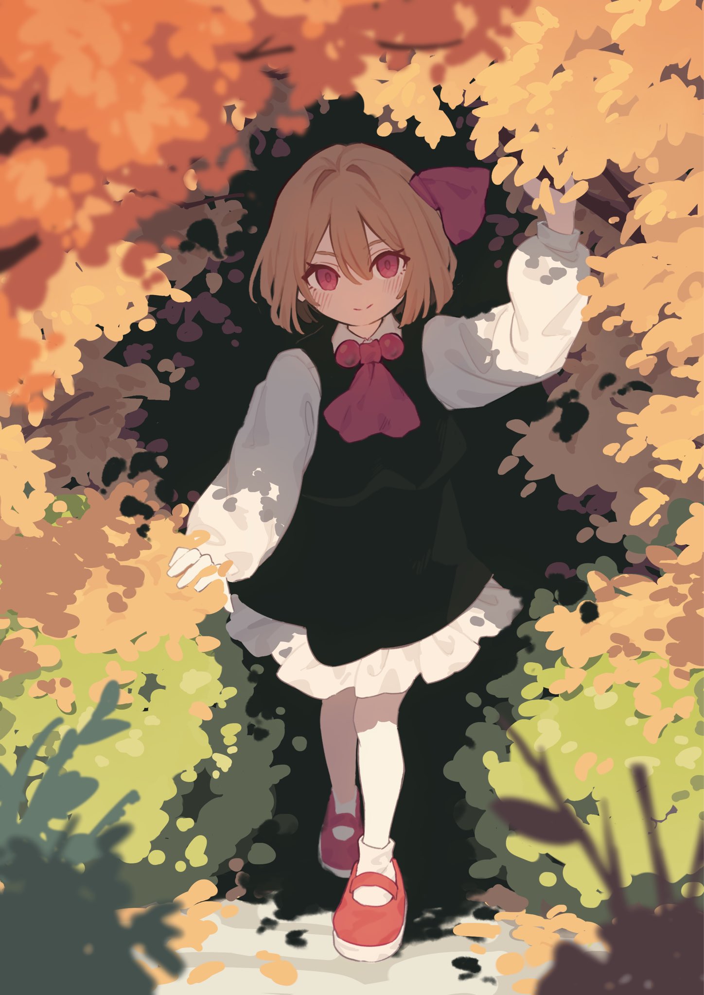 1girl, ascot, autumn_leaves, black_dress, black_vest, blonde_hair, bow, bush