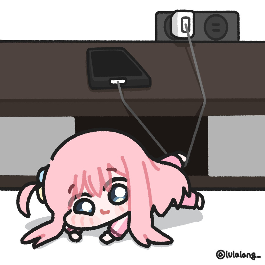 1girl, :3, artist_name, blue_eyes, blush_stickers, bocchi_the_rock!, cable, cellphone