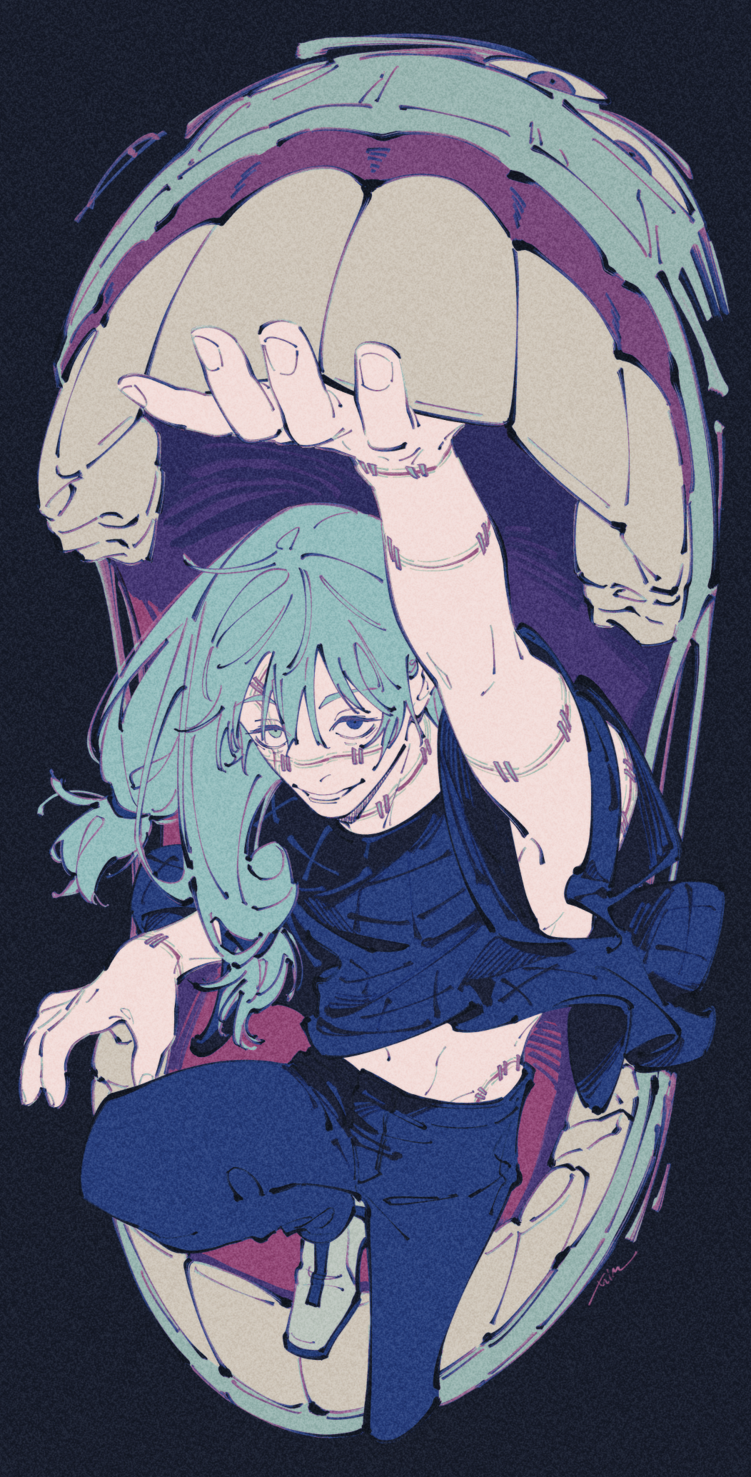 1boy, arm_up, black_background, blue_eyes, blue_hair, blue_pants, blue_shirt, commentary