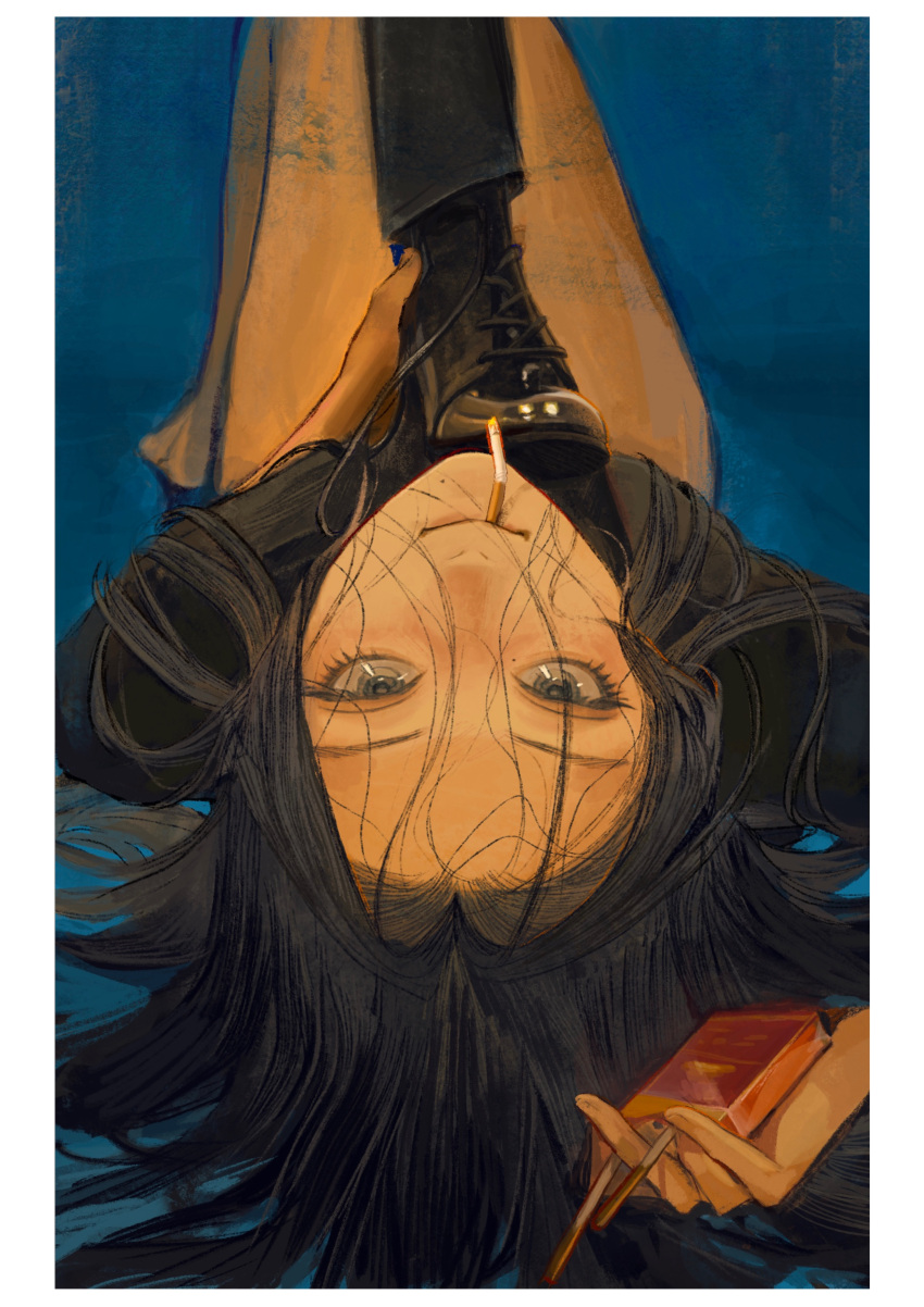 1girl, 1other, absurdres, bare_legs, barefoot, black_eyes, black_hair, black_shoes