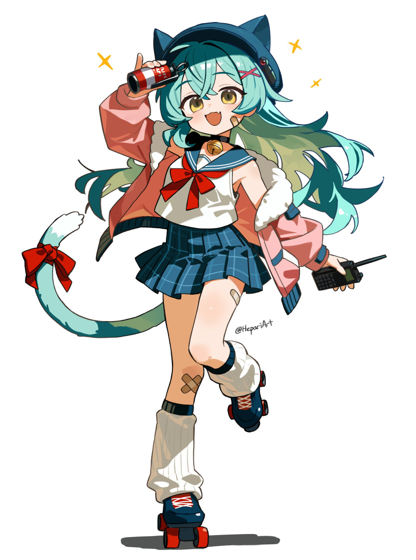 1girl, absurdres, animal_ears, bandaid, bandaid_on_cheek, bandaid_on_face, bell, black_skirt