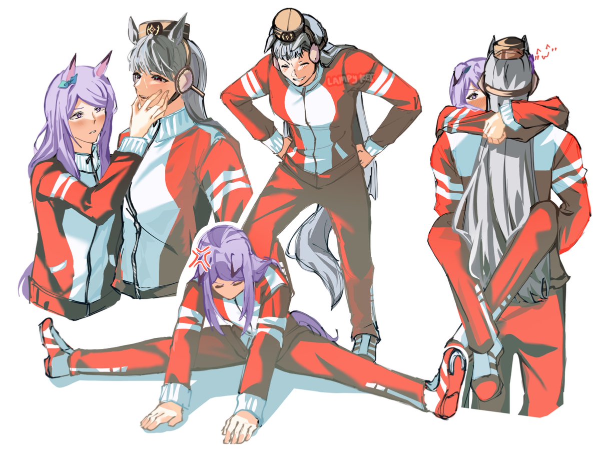 2girls, anger_vein, animal_ears, aqua_bow, arms_around_neck, assisted_stretching, blunt_bangs, blush