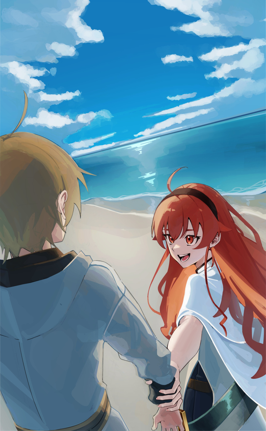 1boy, 1girl, absurdres, ahoge, beach, black_tiara, blue_sky, bow, brown_hair, clouds, eris_greyrat, grabbing_another's_arm, highres, looking_at_another, mai82880647, mushoku_tensei, ocean, open_mouth, pulling_arm, red_bow, red_eyes, rudeus_greyrat, sky, smile, sword, tiara, weapon