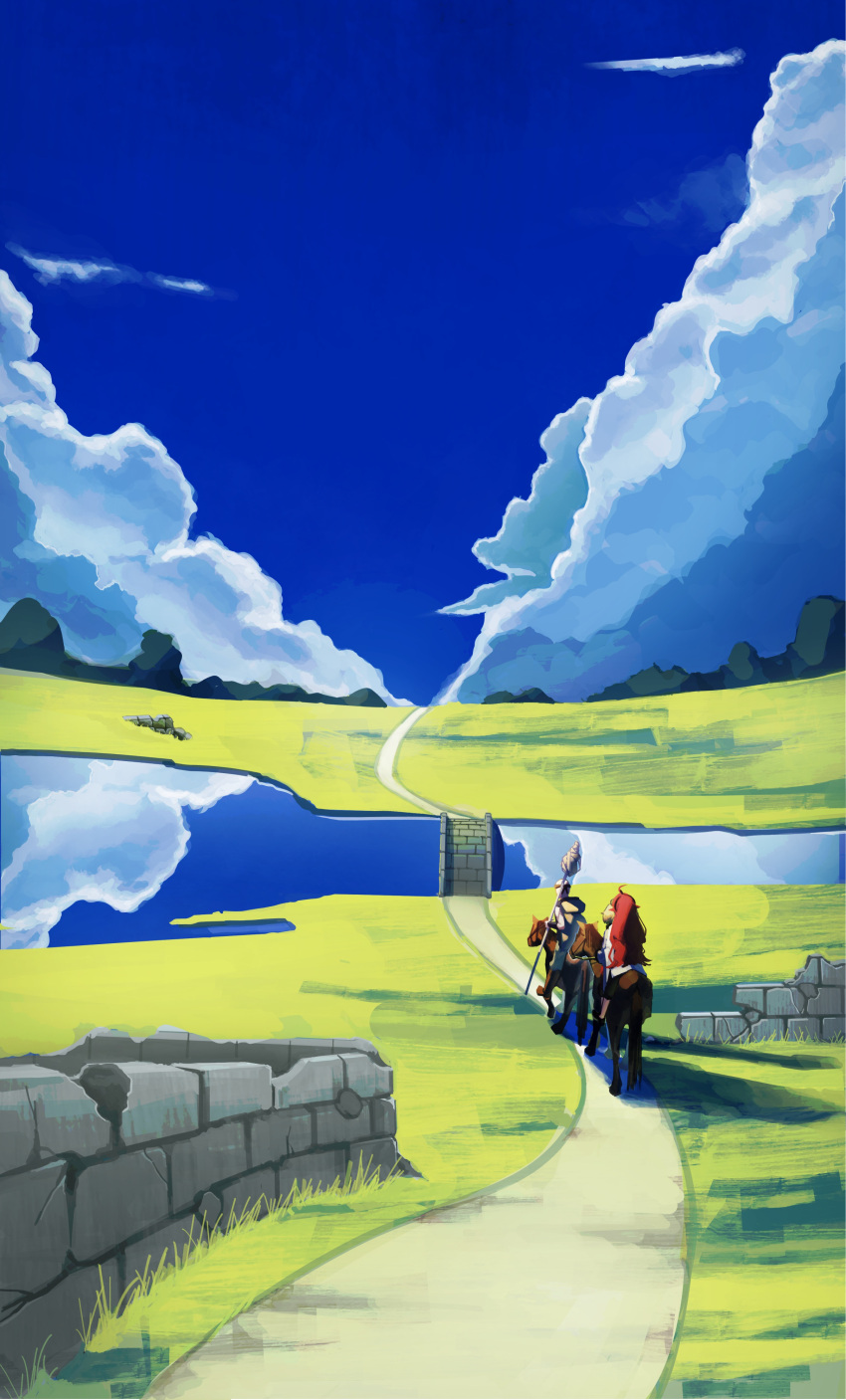 1girl, 2boys, absurdres, blue_sky, bridge, clouds, eris_greyrat, from_behind