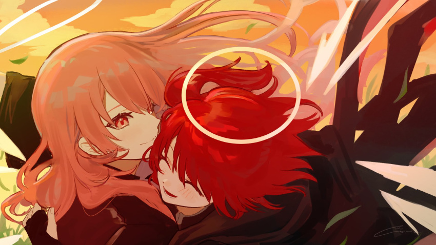 2girls, adoptive_siblings, arknights, blush, closed_mouth, commentary, detached_wings, energy_wings