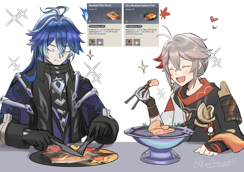 2boys, :d, ^_^, antenna_hair, black_coat, blue_hair, chopsticks, closed_eyes