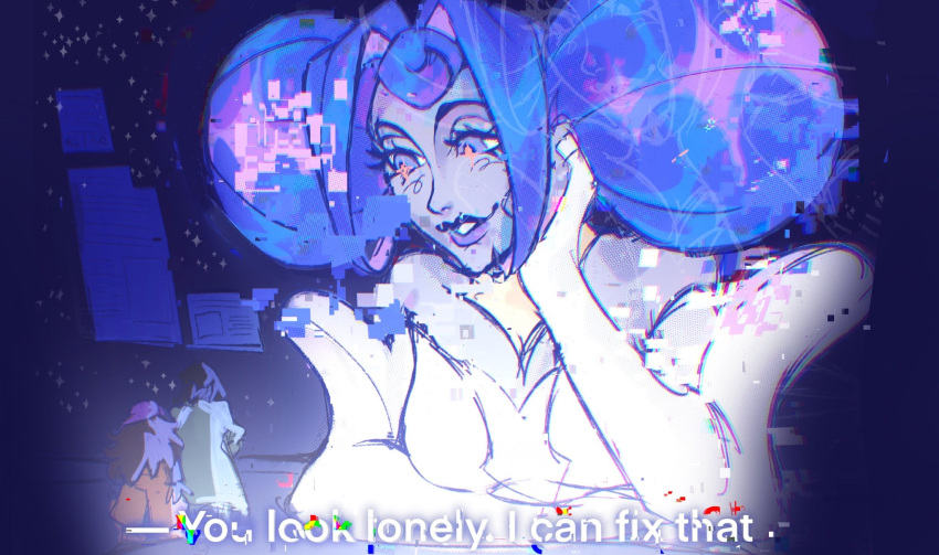 3girls, andrea_(knights_of_guinevere), blade_runner_(series), blade_runner_2049, blue_eyes, blue_hair, colored_skin, double_bun