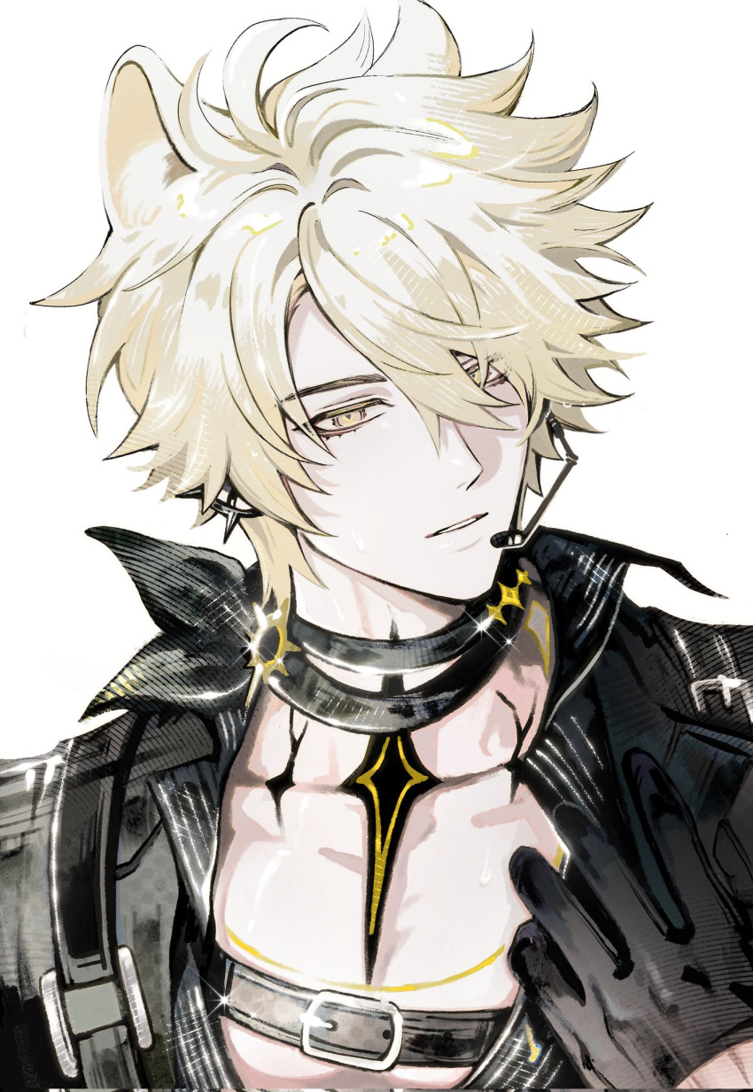 1boy, alternate_costume, black_gloves, blonde_hair, collarbone, gloves, headset, highres, honkai:_star_rail, honkai_(series), male_focus, microphone, mobtop99, parted_lips, pectoral_cleavage, pectorals, phainon_(honkai:_star_rail), short_hair, simple_background, solo, upper_body, white_background, yellow_eyes