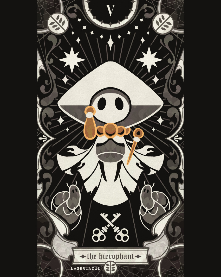 1boy, absurdres, arthropod_boy, artist_name, black_eyes, black_skin, cape, card_(medium), cloak, colored_skin, english_commentary, english_text, facing_viewer, full_body, greyscale, hat, highres, holding, holding_instrument, hollow_eyes, hollow_knight, hollow_knight:_silksong, instrument, key, laserlazuli, looking_at_another, mask, monochrome, pillarboxed, sherma_(hollow_knight), silk, spider_web, spot_color, tarot, tarot_(medium), the_fool_(tarot), worm