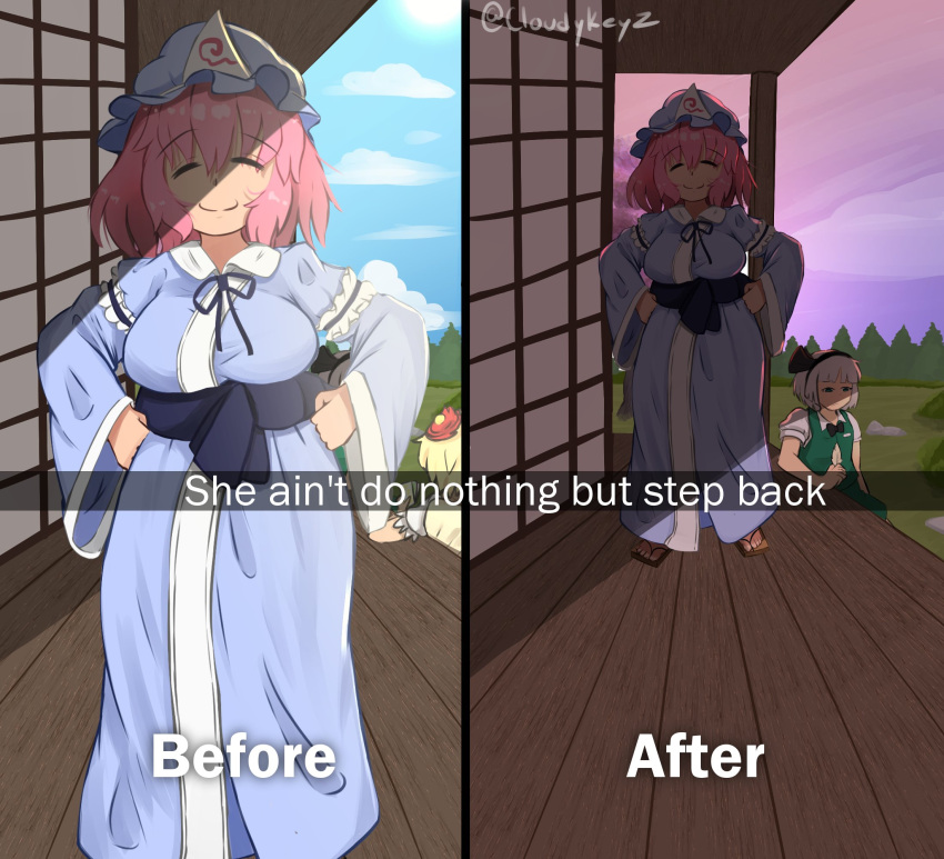2girls, ^_^, artist_name, before_and_after, black_bow, black_bowtie, black_hairband, blue_sky