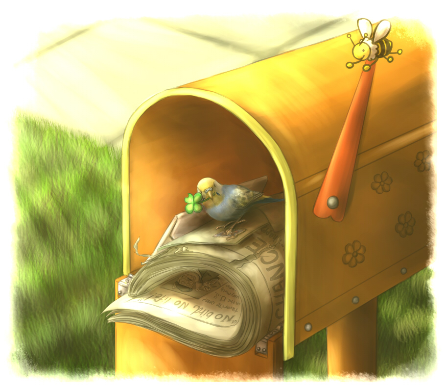 bee, bird, clover, grass, letter, mailbox, newspaper, no_humans