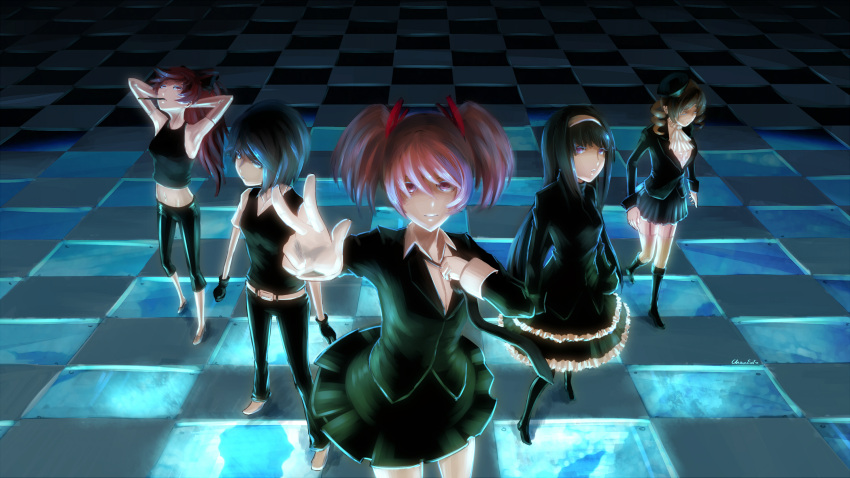 akemi_homura, arms_behind_head, bad_id, beret, black_hair, blonde_hair, blue_eyes, blue_hair