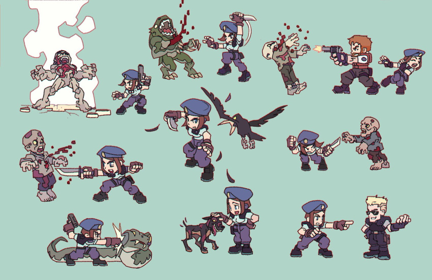 1girl, 2boys, albert_wesker, barry_burton, beard, beret, bird, blonde_hair