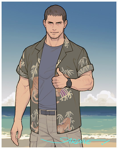 1boy, artist_name, beach, beard_stubble, black_hair, black_shirt, blue_sky, chris_redfield, clouds, facial_hair, ocean, pants, resident_evil, resident_evil:_death_island, sardine_(kjr0313), shirt, signature, sky, smile, stubble, thumbs_up, watch, watch
