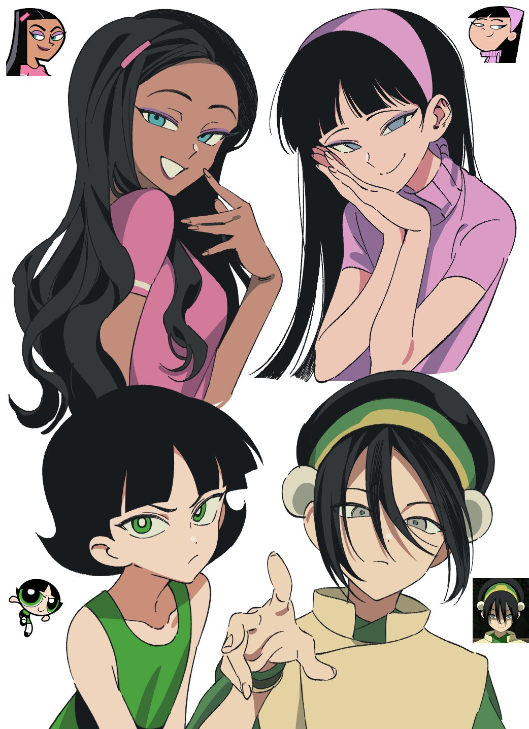 4girls, avatar:_the_last_airbender, avatar_legends, black_hair, blue_hair, blunt_bangs, buttercup_(ppg), cartoon_network
