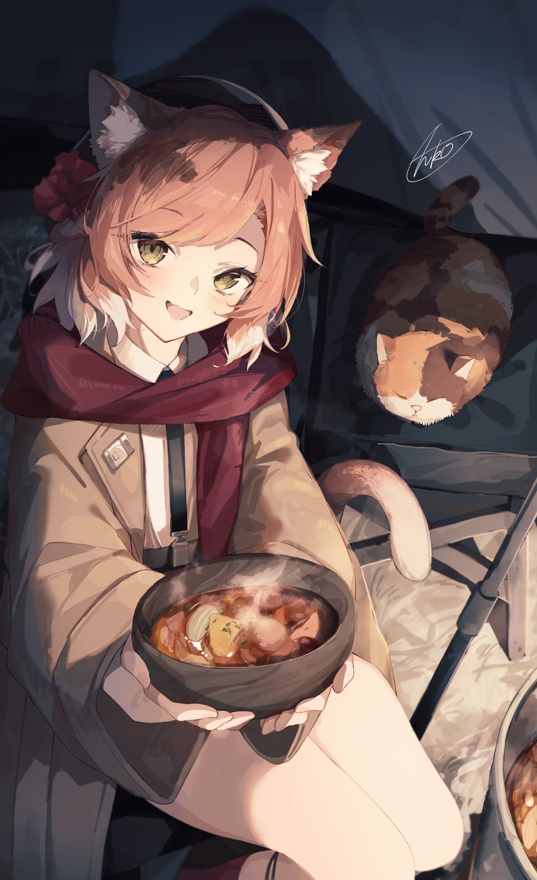 1girl, animal_ear_fluff, animal_ears, ankoro_mochi, arknights, bowl, brown_coat, cat