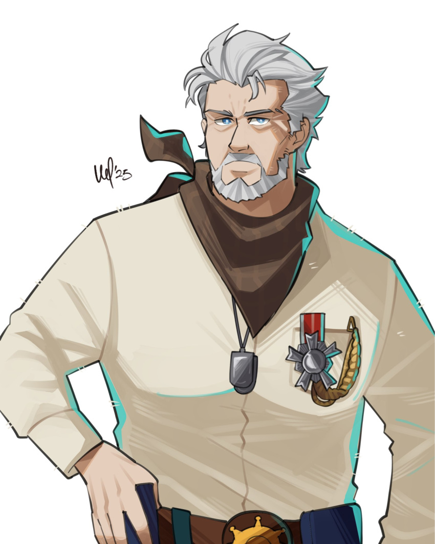 1boy, badge, beard, blue_eyes, breast_pocket, brown_neckerchief, dog_tags, facial_hair