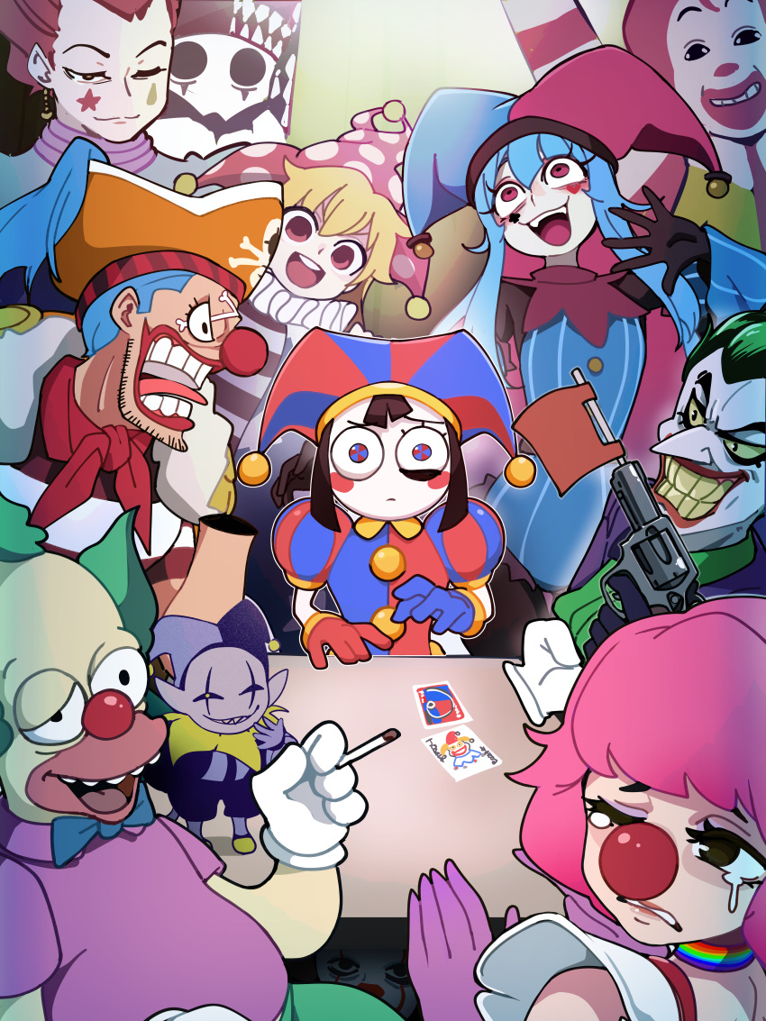 1other, 4girls, 6+boys, absurdres, ace_attorney, ambiguous_gender, ascot, balatro, batman_(series), black_hair, blue_hair, bongftah, borrowed_character, buggy_the_clown, cigarette, clown, clown_nose, clownpiece, colored_skin, crazy_eyes, crazy_smile, crossover, dc_comics, deltarune, evil_smile, eye_twitch, eyelashes, facepaint, geiru_toneido, gloves, green_hair, gun, hat, highres, hisoka_morow, hunter_x_hunter, it_(stephen_king), jester_cap, jevil, jimbo_(balatro), joker_(dc), krusty_the_clown, laughing, looking_at_viewer, mcdonald's, multiple_boys, multiple_crossover, multiple_girls, one_piece, original, pantyhose, pennywise, pestrica, phoenix_wright:_ace_attorney_-_spirit_of_justice, pink_hair, pippi_panini_(basedbinkie), pirate_hat, pointy_ears, pomni_(the_amazing_digital_circus), real_life, red_ascot, red_hair, red_lips, revolver, ronald_mcdonald, sharp_teeth, shirt, smile, striped_clothes, striped_shirt, table, teeth, the_amazing_digital_circus, the_simpsons, touhou, trait_connection, upper_teeth_only, utdr_(toby_fox), weapon, white_gloves, white_skin, wide_mouth