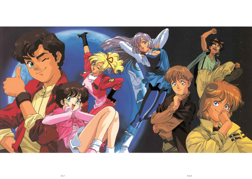 1990s_(style), 3girls, 4boys, absurdres, beecha_oleg, blonde_hair, brown_hair, earth_(planet)