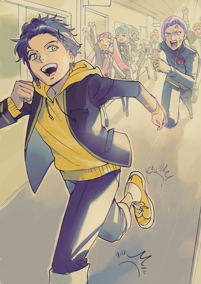 4boys, 4girls, absurdres, blonde_hair, blue_hair, claude_von_riegan, contemporary, fire_emblem
