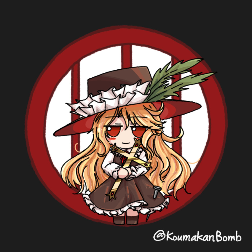 1girl, black_background, blonde_hair, blush, brown_dress, brown_shoes, chibi, commentary_request, cross, dolls_in_pseudo_paradise, dress, feathers, flower, frilled_hat, frills, full_body, fumo_(doll), gold, green_feathers, happy, hat, hat_flower, highres, holding, holding_cross, jacket_girl_(dipp), jitome, koumakanbomb, long_hair, long_sleeves, neck_ribbon, red_eyes, red_ribbon, ribbon, round_window, shirt, shoes, smile, solo, standing, touhou, very_long_hair, wavy_hair, white_shirt, window