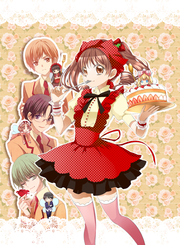 andou_sennosuke, brown_eyes, brown_hair, cafe_(yumeiro), cake, caramel_(yumeiro), chiyo_(rotsurechiriha), chocolat_(yumeiro), drill_hair, fairy, food, fork, hanabusa_satsuki, hat, kashino_makoto, pastry, thigh-highs, thighhighs, twintails, vanilla_(yumeiro), yumeiro_patissiere, zettai_ryouiki