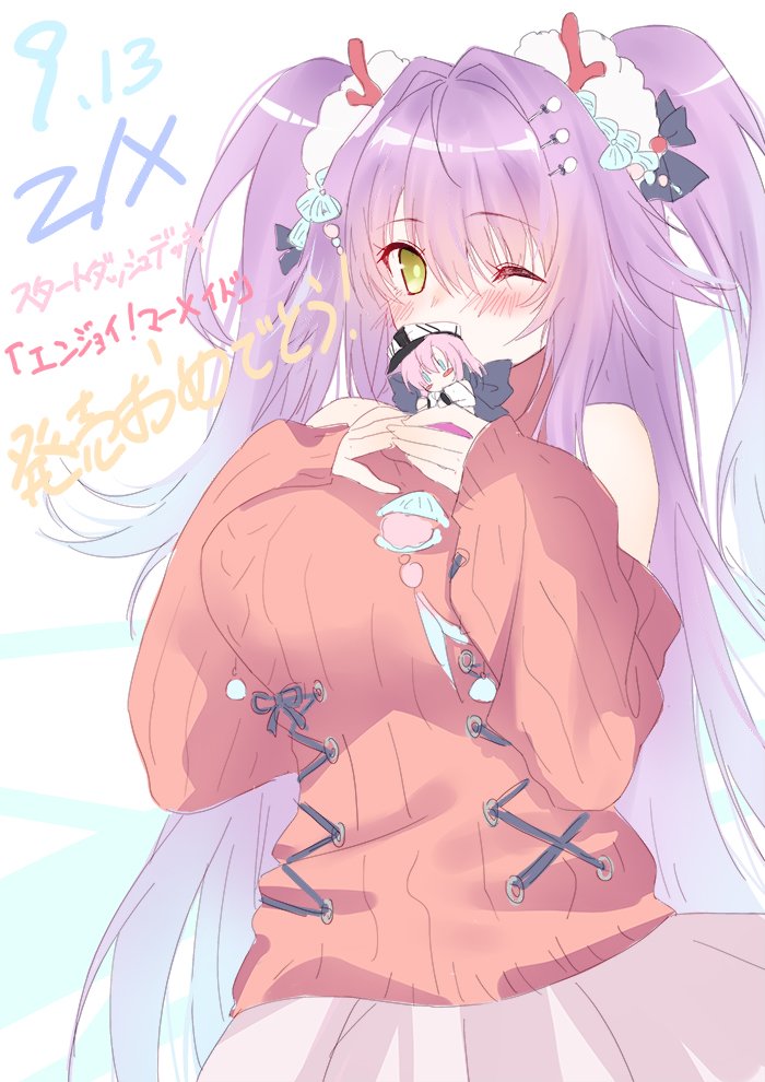 1girl, breasts, covering_own_mouth, doll, green_eyes, hair_ornament, holding, holding_doll, large_breasts, long_hair, official_art, one_eye_closed, orange_sweater, pink_hair, ribbed_sweater, skirt, solo, sweater, tenryuu_yutaka, translation_request, twintails, two_side_up, weisuoxin, white_skirt, z/x