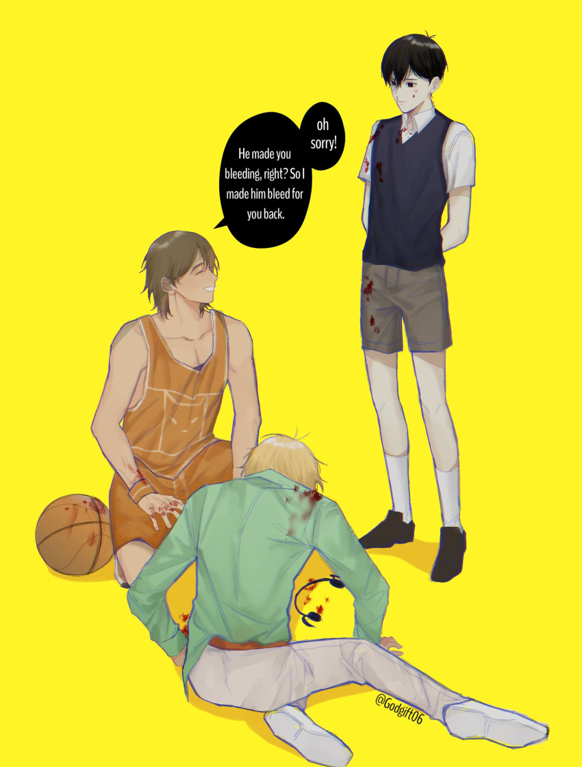 3boys, :d, ^_^, antenna_hair, arms_behind_back, bare_arms, bare_shoulders, belt, black_eyes, black_hair, black_shoes, black_sweater_vest, blonde_hair, blood, blood_on_clothes, blood_on_face, blood_on_hands, bright_pupils, brown_belt, brown_hair, brown_shorts, closed_eyes, closed_mouth, collarbone, collared_shirt, commentary, crossed_bangs, double-parted_bangs, drawstring, english_text, facing_another, film_grain, fingernails, full_body, godgift06, green_shirt, grey_pants, grin, hair_behind_ear, hair_between_eyes, hand_on_own_thigh, highres, kel_(faraway)_(omori), kel_(omori), kneehighs, loafers, looking_at_another, male_focus, mikhael_(omori), multiple_boys, nosebleed, omori, on_one_knee, orange_shoes, orange_shorts, orange_tank_top, pants, profile, shirt, shirt_partially_tucked_in, shoes, short_hair, short_sleeves, shorts, simple_background, sitting, smile, socks, speech_bubble, standing, sunny_(omori), sweater_vest, symbol-only_commentary, tank_top, twitter_username, very_short_hair, white_pupils, white_shirt, white_shoes, white_socks, wristband, yellow_background