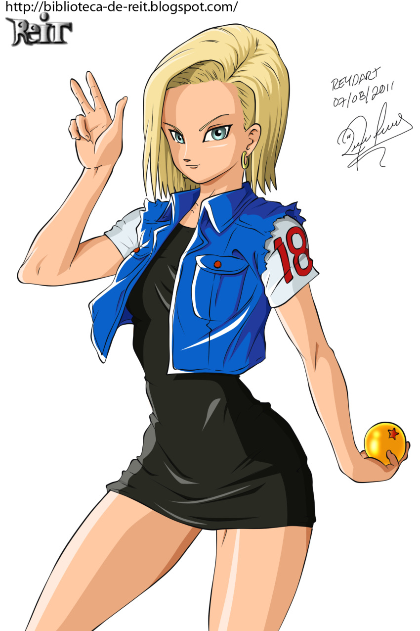 1girl, android, android_18, black_dress, blonde_hair, blue_eyes, denim, denim_vest