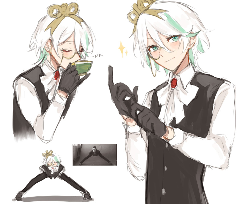 1girl, adjusting_clothes, adjusting_gloves, ascot, black_gloves, black_vest, butler, cecilia_immergreen