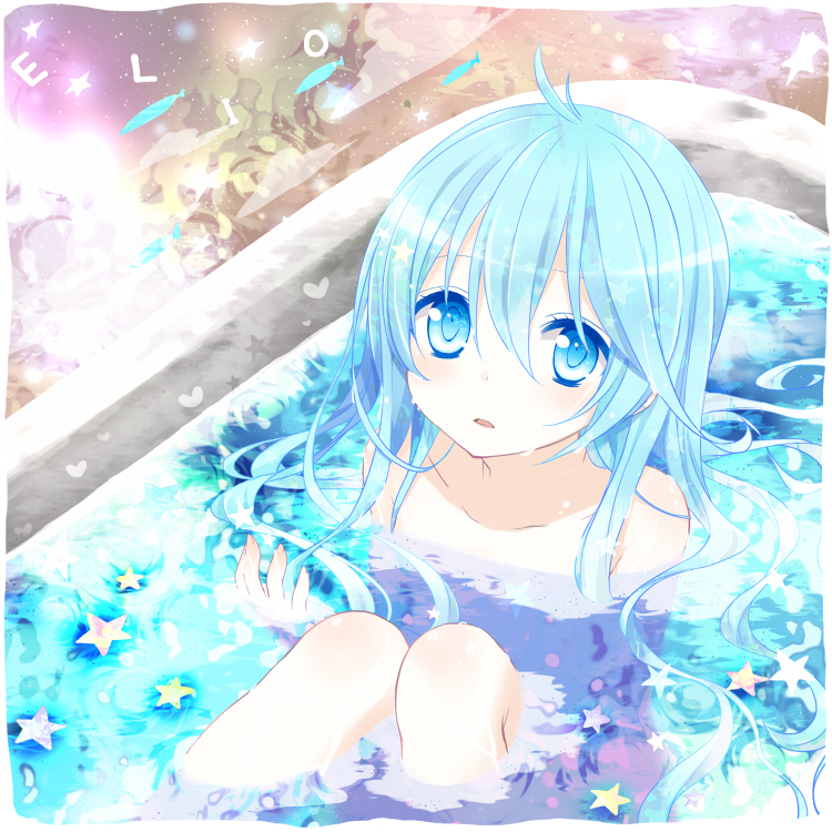 akira_(ku0427), antenna_hair, bath, bathtub, blue_eyes, blue_hair, blush, denpa_onna_to_seishun_otoko