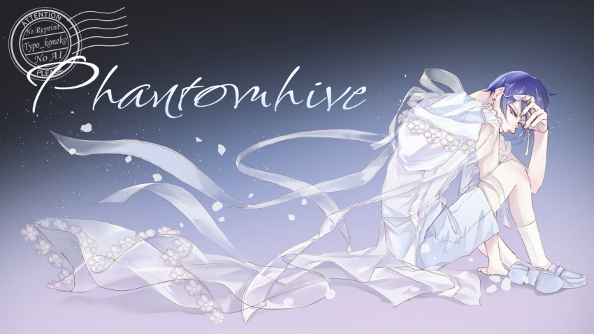 1boy, ciel_phantomhive, earrings, falling_petals, full_body, hand_on_own_forehead, hand_up, highres