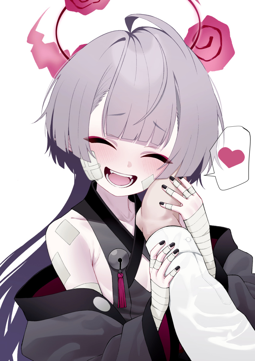 1boy, 1girl, :d, ahoge, armpit_crease, bandaged_arm, bandages, bare_shoulders