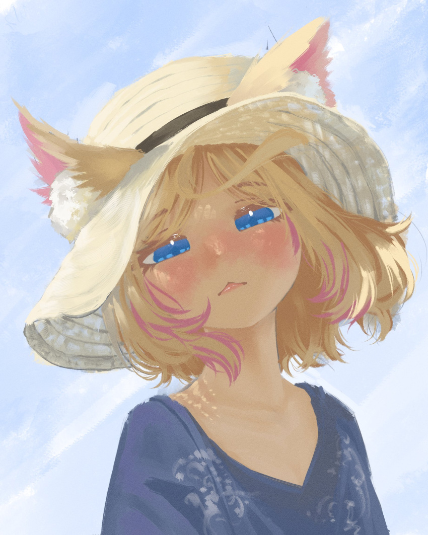 1girl, alternate_costume, animal_ear_fluff, animal_ears, blonde_hair, blue_eyes, blue_shirt, blue_sky, closed_mouth, day, dog_ears, dog_girl, ears_through_headwear, hat, highres, hololive, hololive_english, looking_at_viewer, medium_hair, mococo_abyssgard, neilwa_dayo, outdoors, pink_streaks, shirt, sky, solo, sun_hat, virtual_youtuber