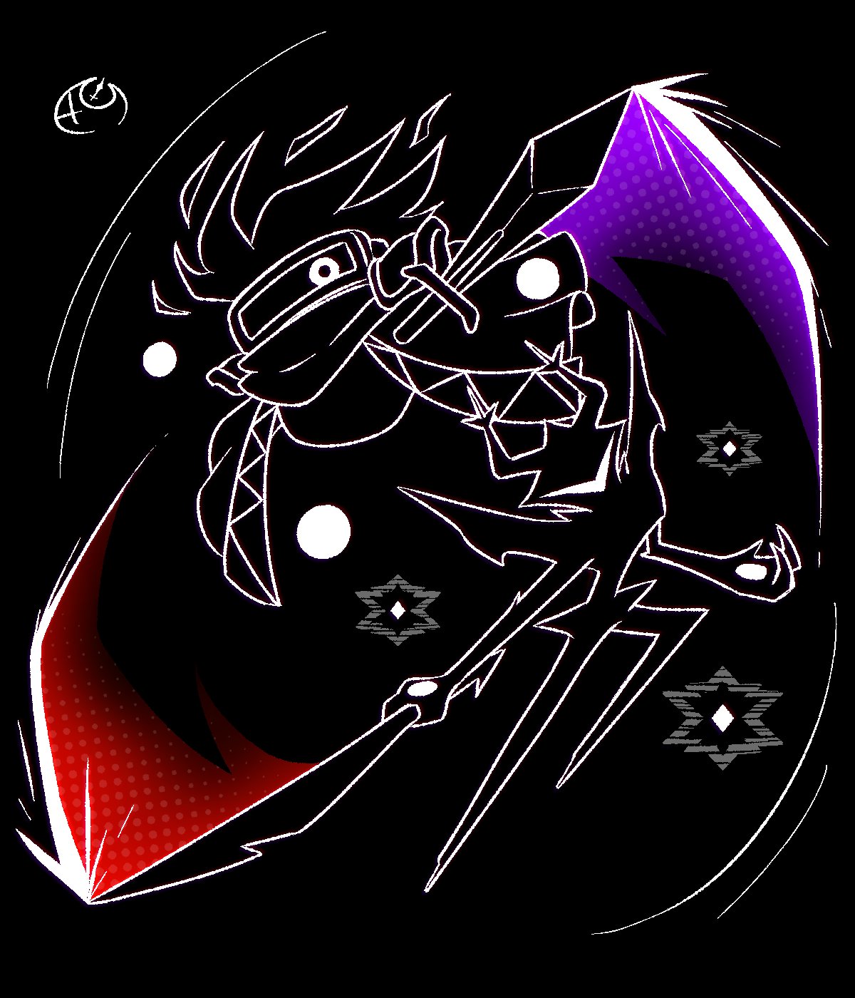 abstract, black_background, cape, crossover, dark_matter_(kirby), dark_matter_blade, deltarune, efy727, english_commentary, highres, horns, kirby_(series), knight, mask, no_humans, one-eyed, roaring_knight, simple_background, swinging_weapon, sword, trait_connection, utdr_(toby_fox), weapon