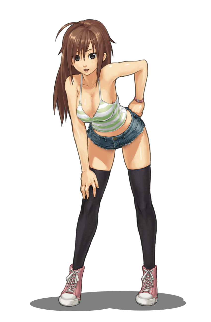ahoge, bangs, bare_shoulders, bent_over, black_eyes, black_legwear, black_thighhighs, breasts, brown_hair, cleavage, collarbone, cross-laced_footwear, cutoffs, denim, denim_shorts, female, hand_on_hip, highres, hips, large_breasts, leaning_forward, long_hair, midriff, open_mouth, original, ponytail, shoes, shorts, simple_background, skindentation, smile, sneakers, solo, striped, tank_top, thigh-highs, thighhighs, watch, yoshikawa_hazure